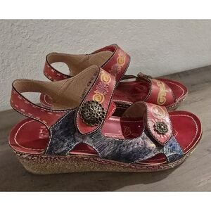 L'artiste Spring Step Leather Red Cork Wedge Sandal Velcro 40 9 Lanaffi